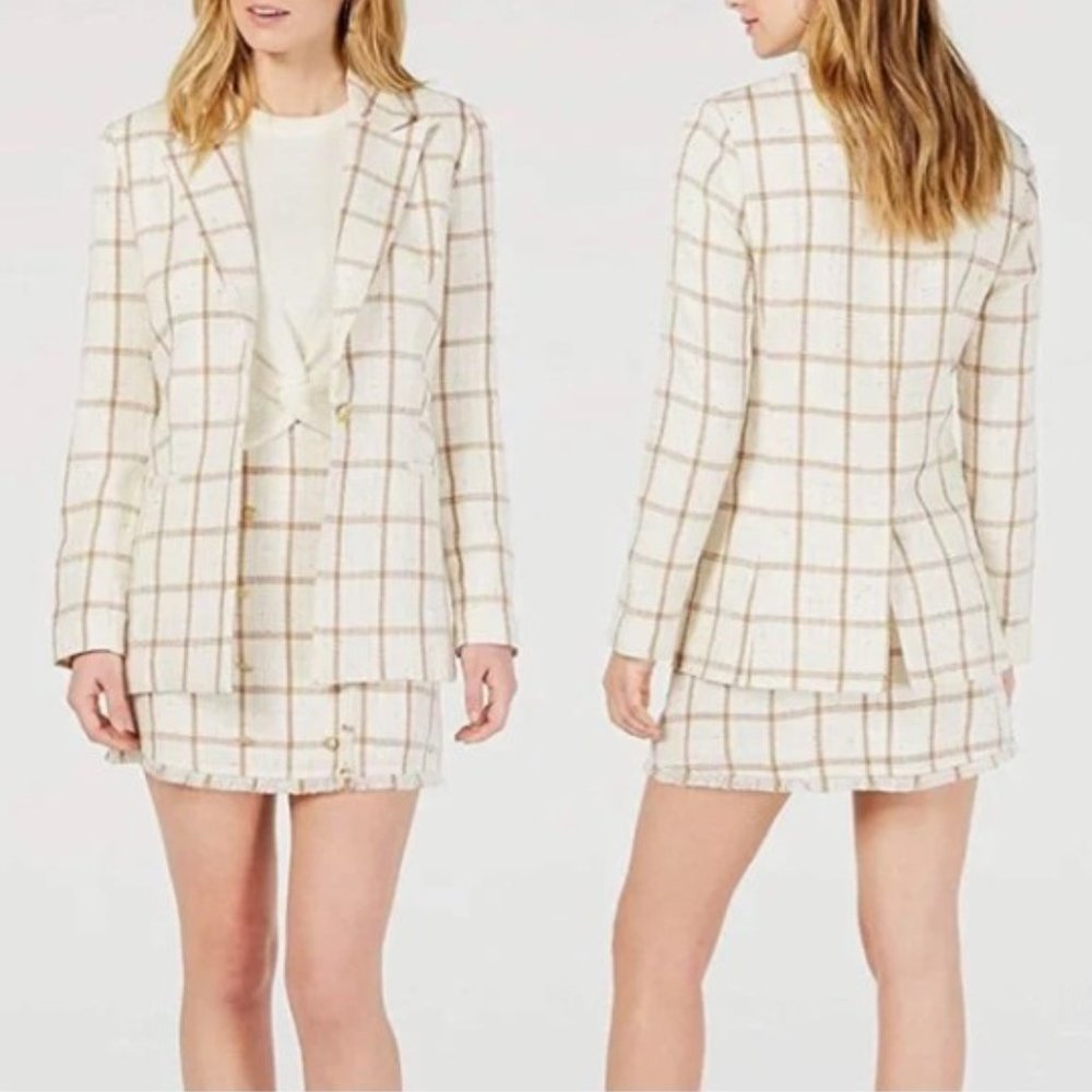 Leyden Goodwin tweed windowpane cream gold sequin blazer jacket NEW Medium